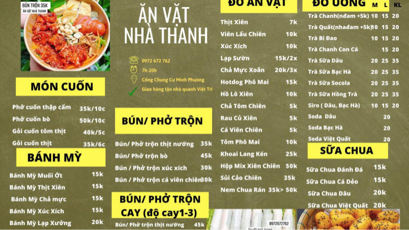 menu đồ ăn